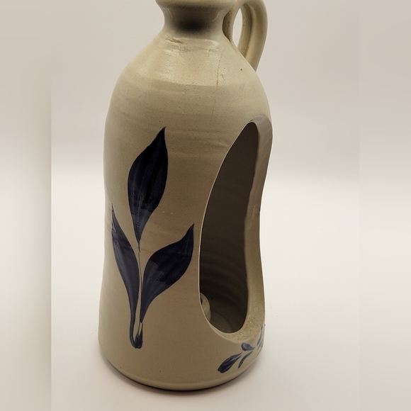 Williamsburg Pottery Salt Glaze Cobalt Blue Gray Leaf Colonial Jug Candle Holder - Picture 6 of 7